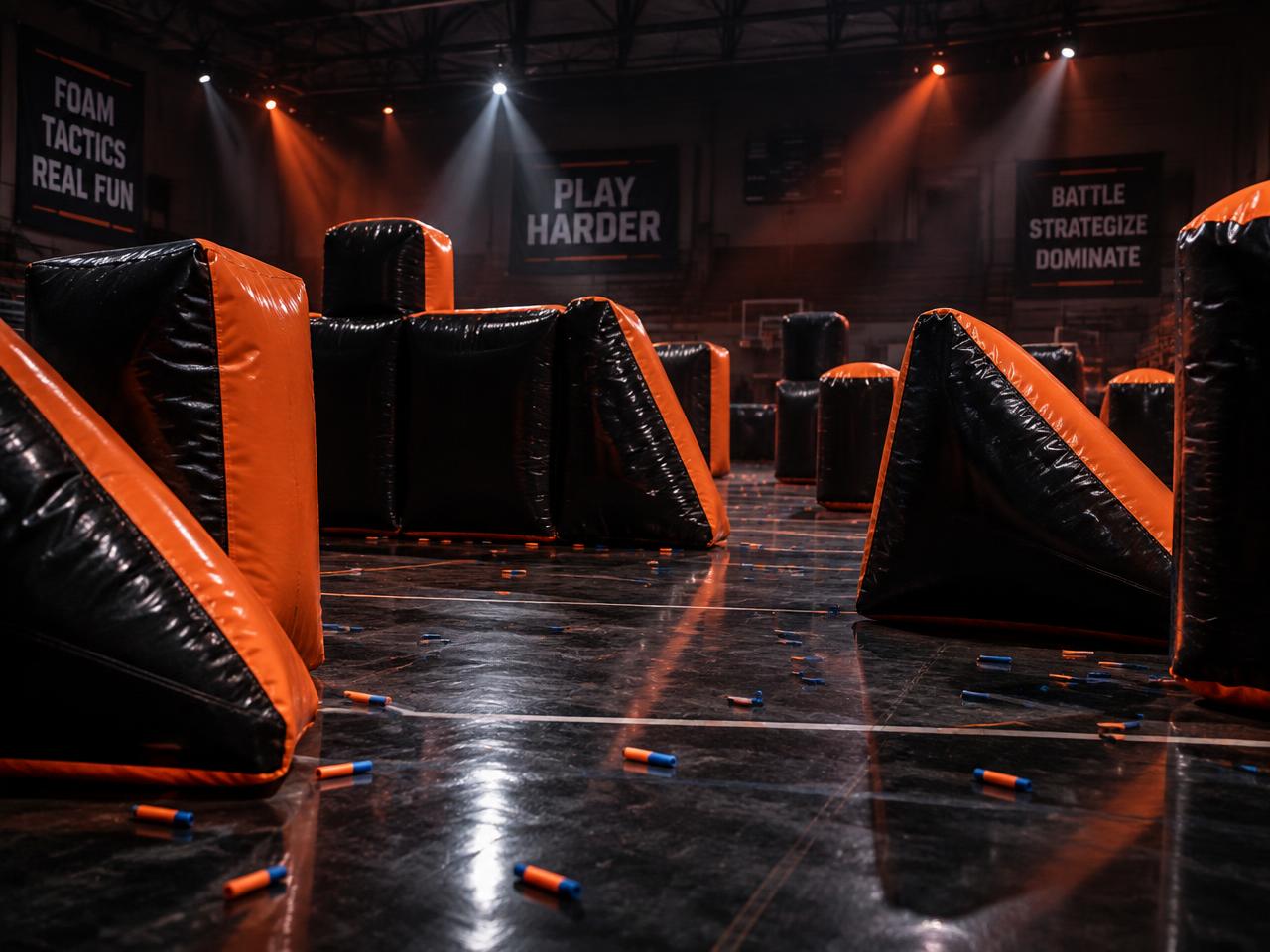 Black and orange inflatable barricades arranged as an arena course