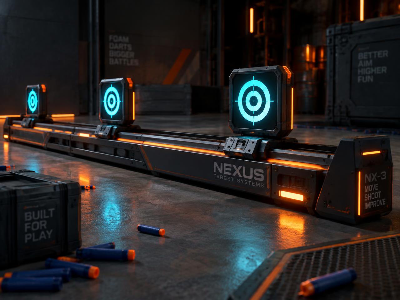 Motorized moving targets with glowing bullseye panels on a rail track